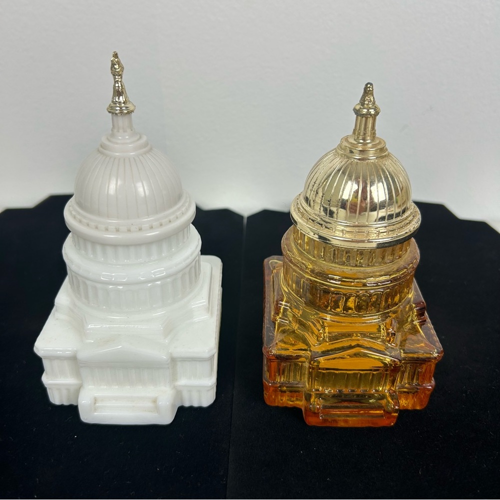 Avon VTG "2" Capitol Building EMPTY Decanters. 1 White, 1 Amber